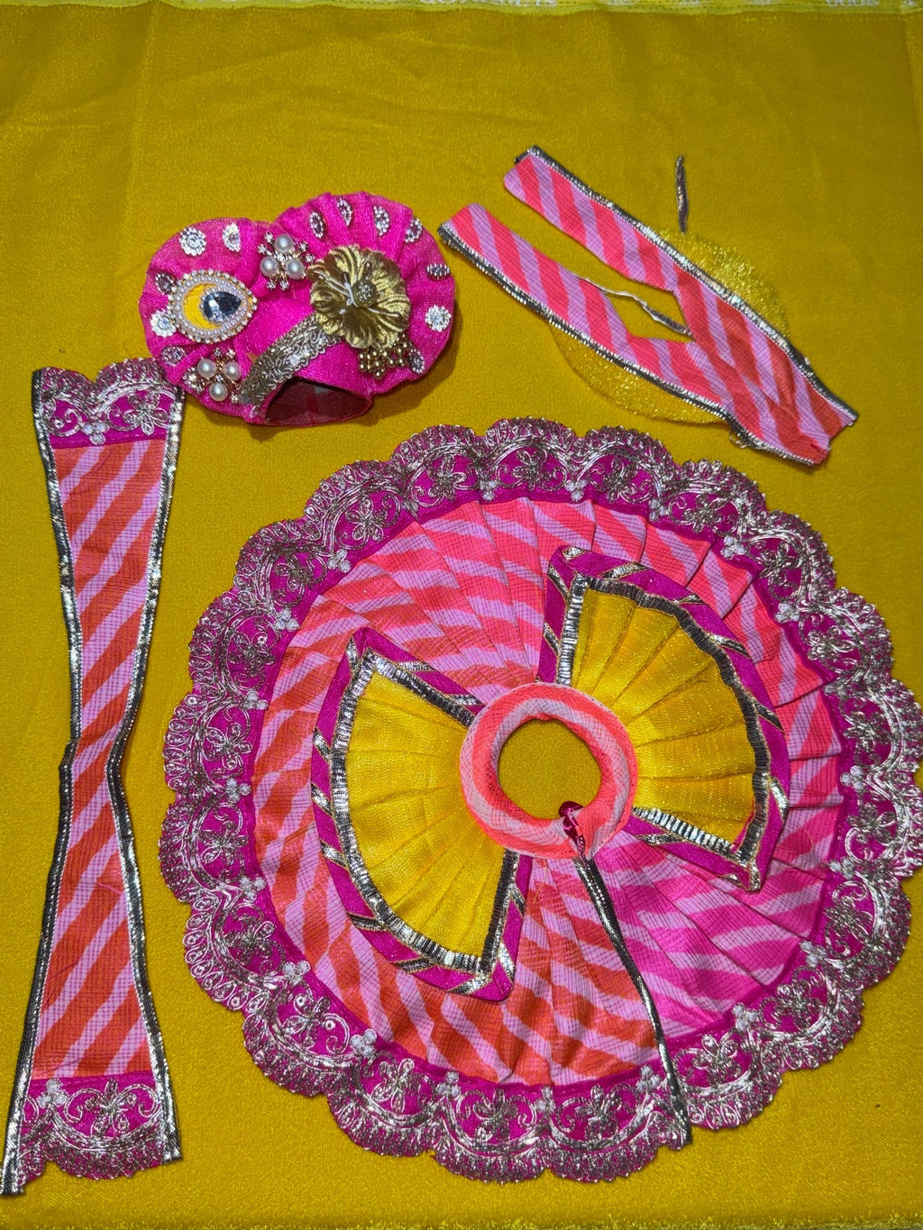 Pink Yellow Colour Beautiful Ladu Gopal Dress + Padgi + Patka